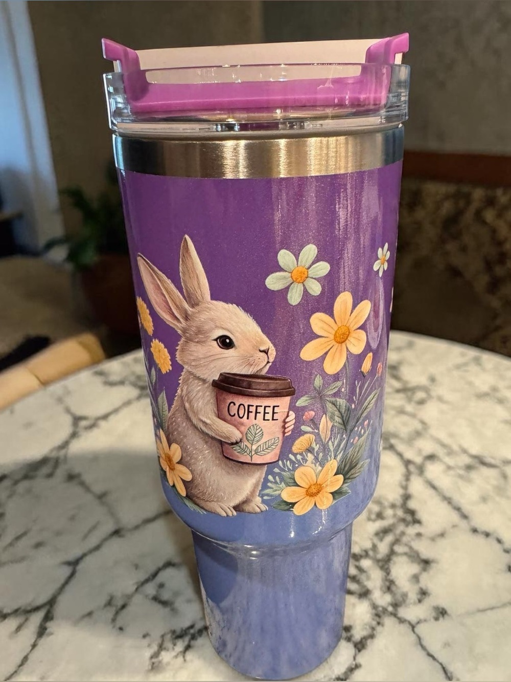 Hand Crafted Purple Bunny Floral Coffee Tumbler NEW IN BOX WITH STRAW